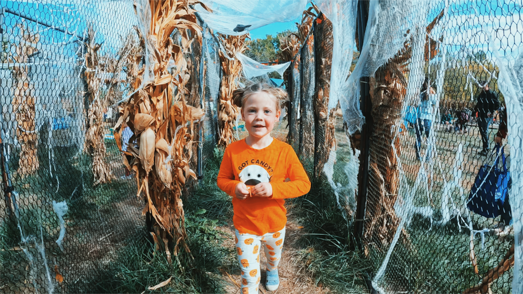 A child in a halloween outfit smiles inside the corn maze at Pumpkin Hollow.